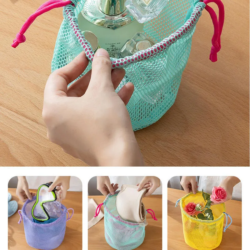 10pcs/lot Round Bottom Mesh Drawstring Pouch Portable Travel Drainage Makeup Toiletries Storage Bags Swimming Bath Bag