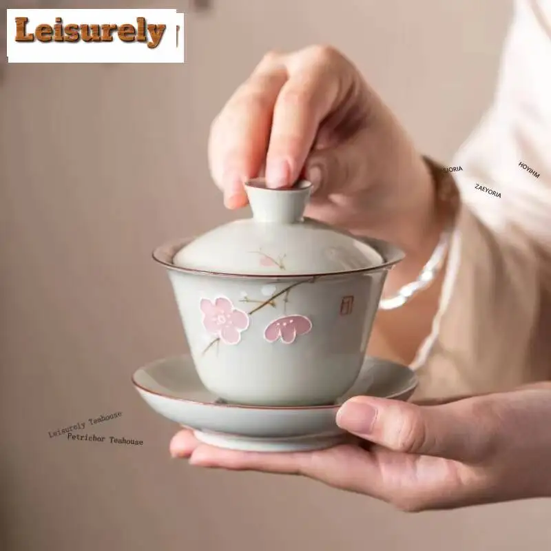 160ml Pure Hand-painted Spring Peach Blossoms Gaiwan Ancient Three Talents Tea Tureen Tea Maker Cover Bowl Drinkware Ornaments