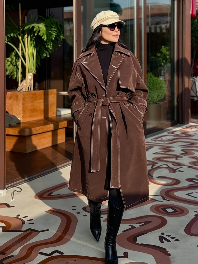 Vintage Brown Contrast Long Trench Coat Chic Lapel Collar Stitching Design Belted Waist Jacket New Autumn Lady Casual Streetwear