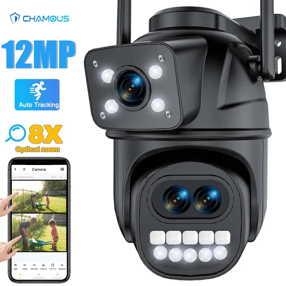 12MP 6K WiFi Camera Outdoor Three Lens Dual Screens 8X Zoom CCTV Mini Video Cam Auto Tracking Security Protection Surveillance