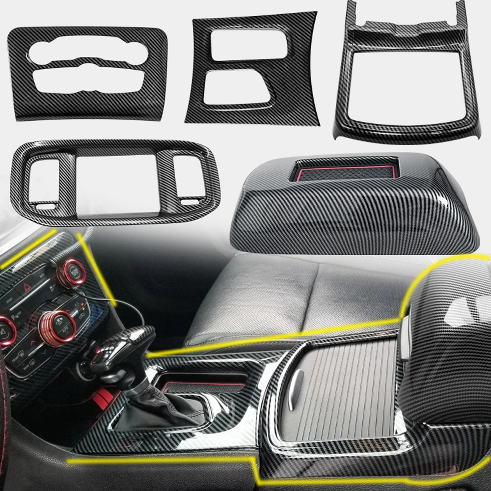 

Carbon Fiber Black Interior Accessories For Dodge Charger 2015-2021 Center Console Air Gear Panel Cover Protector 5PCS Suit Kit