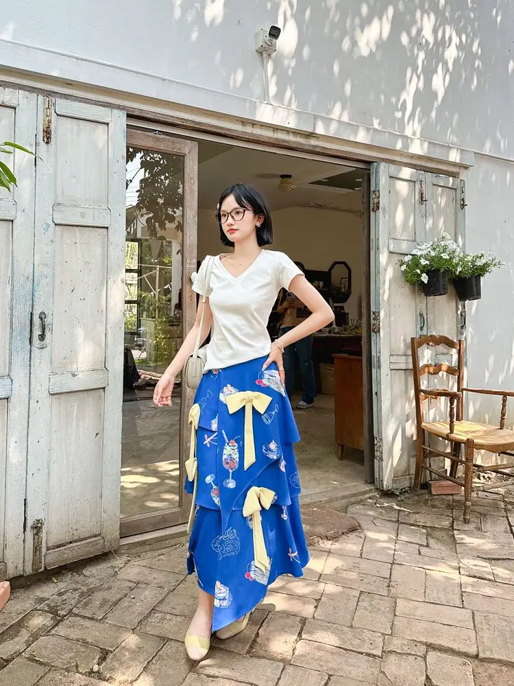 Plus-size nieuwe Chinese stijl mori vrouw driedimensionale strikprint jurk mooie onregelmatige taart lente zomer rok vakantie