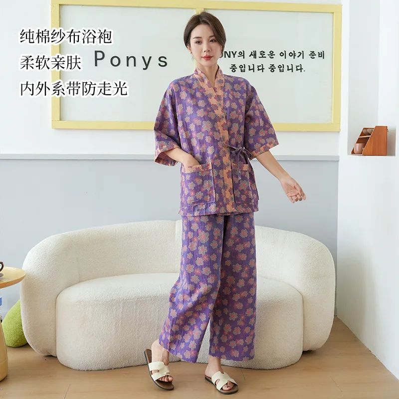 Couple Kimono Set Pajama Set Print Cotton Men's And Women's Home Clothes Short Sleeve Cardigan Pants Set