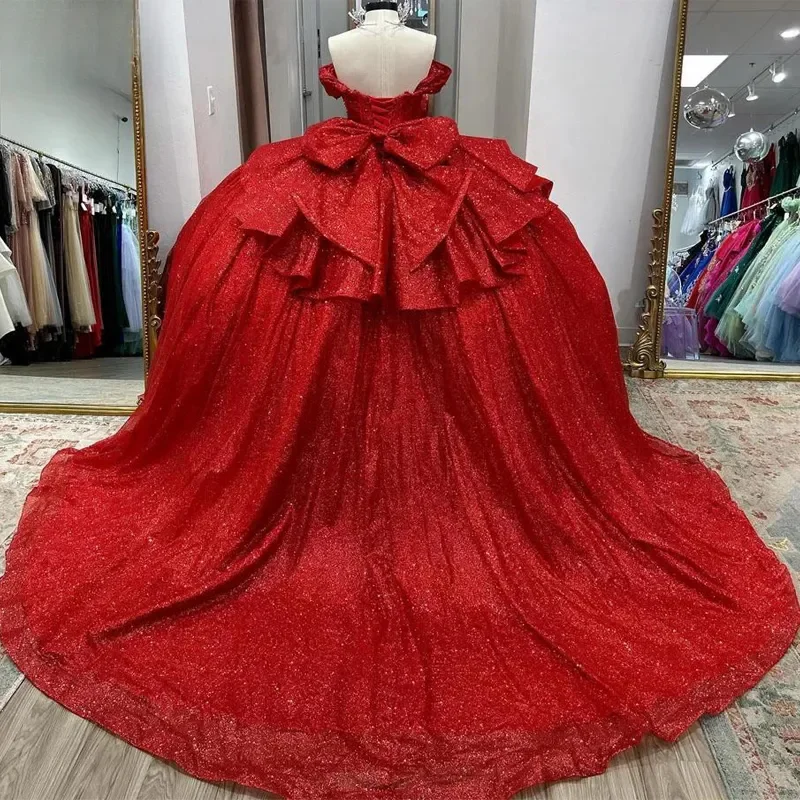 Shinning Hot Red Quinceanera Dress Pretty Bow Back Lace-Up Vestido De 15 Anos Luxury Beading Evening Party Dresses Ball Gown