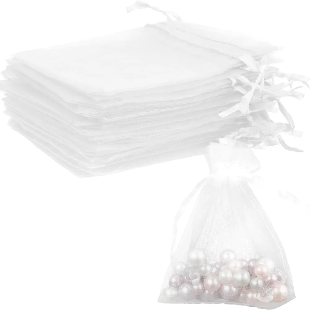 

50Pcs White Organza Drawstring Jewelry Pouches Bags For Wedding Party Christmas Gifts Candy Packaging Small Businesses Wholesale