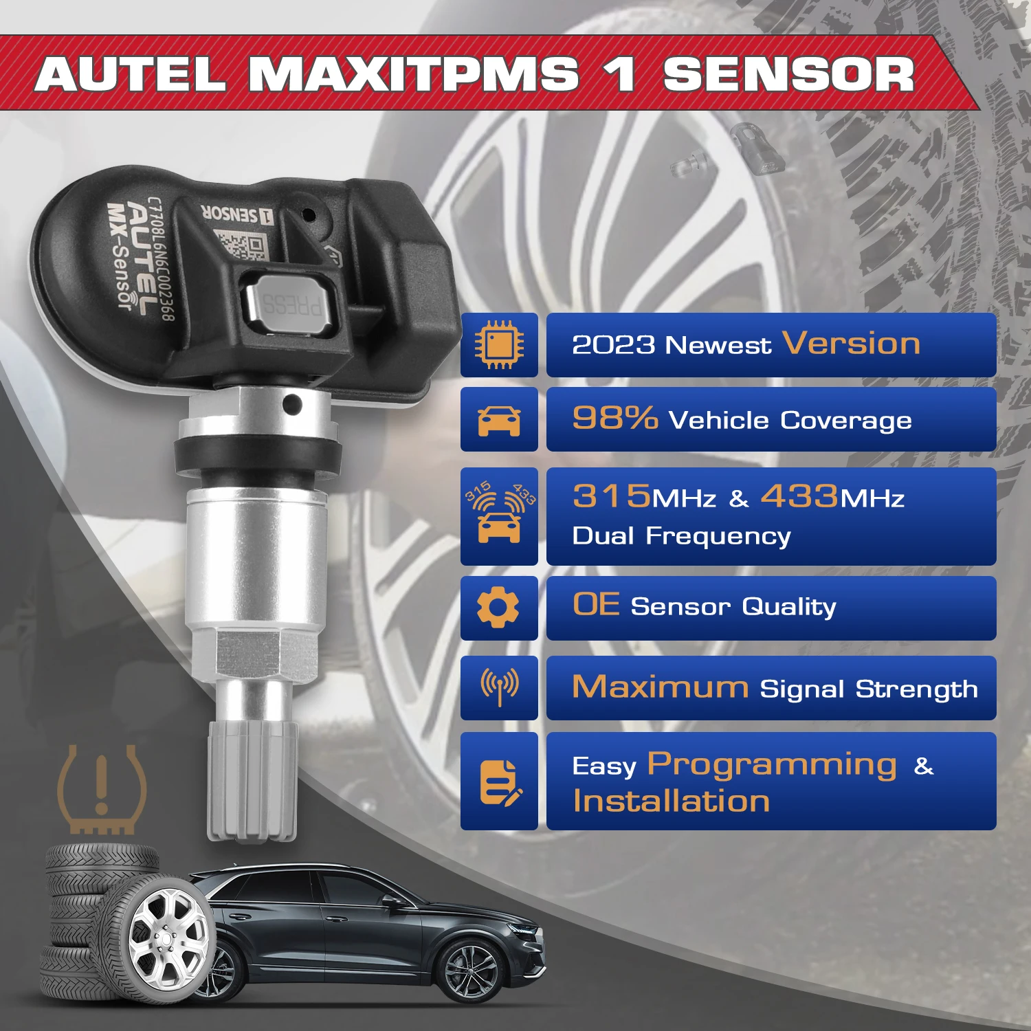 Sensores Autel MX Sensor de presión 2 en 1 Frecuencias de 315 MHz + 433 MHz Sensor TPMS de repuesto para neumáticos Funciona con TS501 TS508WF ITS600E