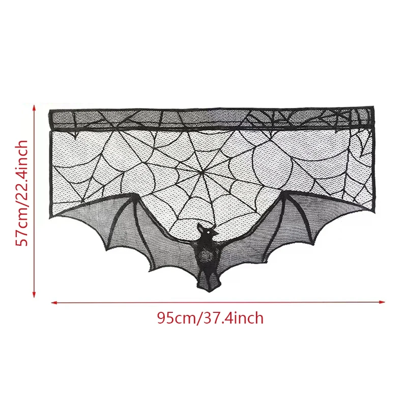 1 Stück Halloween-Spitzenvorhang, schwarzer Fledermaus-Spinnen-Tischdecken-Schornsteinmantel-Schal, Halloween-Dekoration für Zuhause und Zimmer, Spinnennetz-Horror-Dekoration – Detail 3