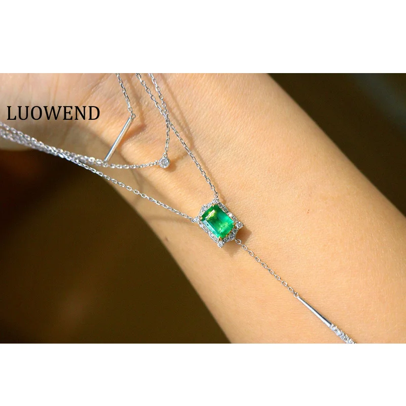 

LUOWEND 100% 18K White Gold Necklace Women Romantic Three Layer Design Shiny Diamond Natural Emerald Necklace Fine Jewelry