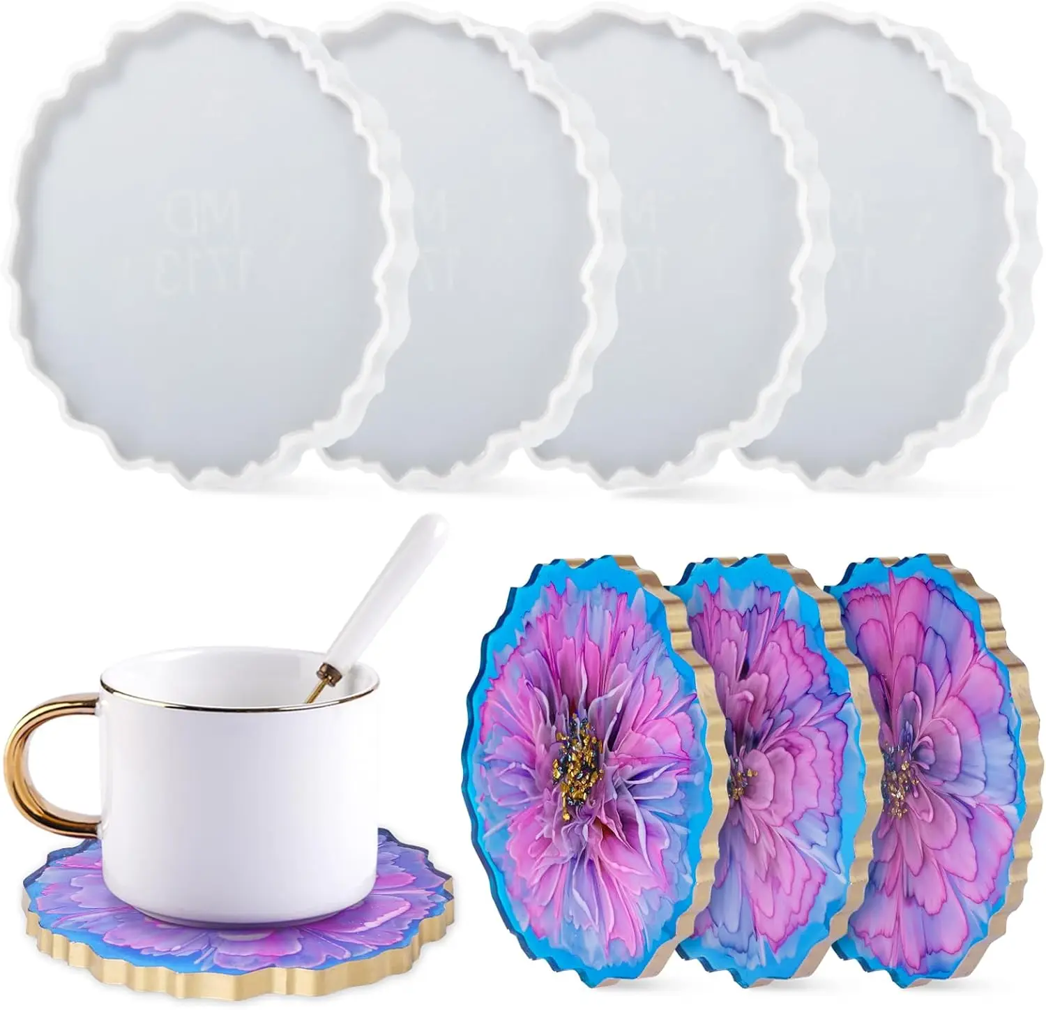 

4Pcs Resin Coaster Molds, Druzy Geode Agate Silicone Molds for Epoxy, 5.4 Inch Large DIY Cup Mats, Flexible & Durable