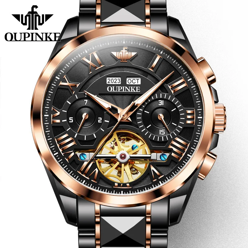 OUPINKE 3236 Automatic Mechanical Watch for Men Open Heart Dial Sapphire Crystal Day Date Luminous Hands 50m Water Resistant
