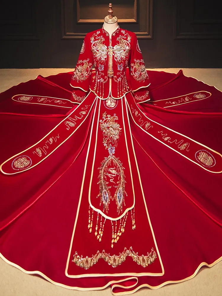 

New velvet dress for brides Chinese-style wedding gauze toasting dragon and phoenix heavy women