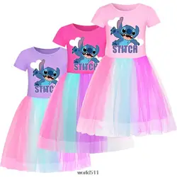 Hot Disney Stitch Girl Dress Kids Princess Vestido Girls Birthday Party Dress Children Summer Kids Clothes Birthday Gift Pink