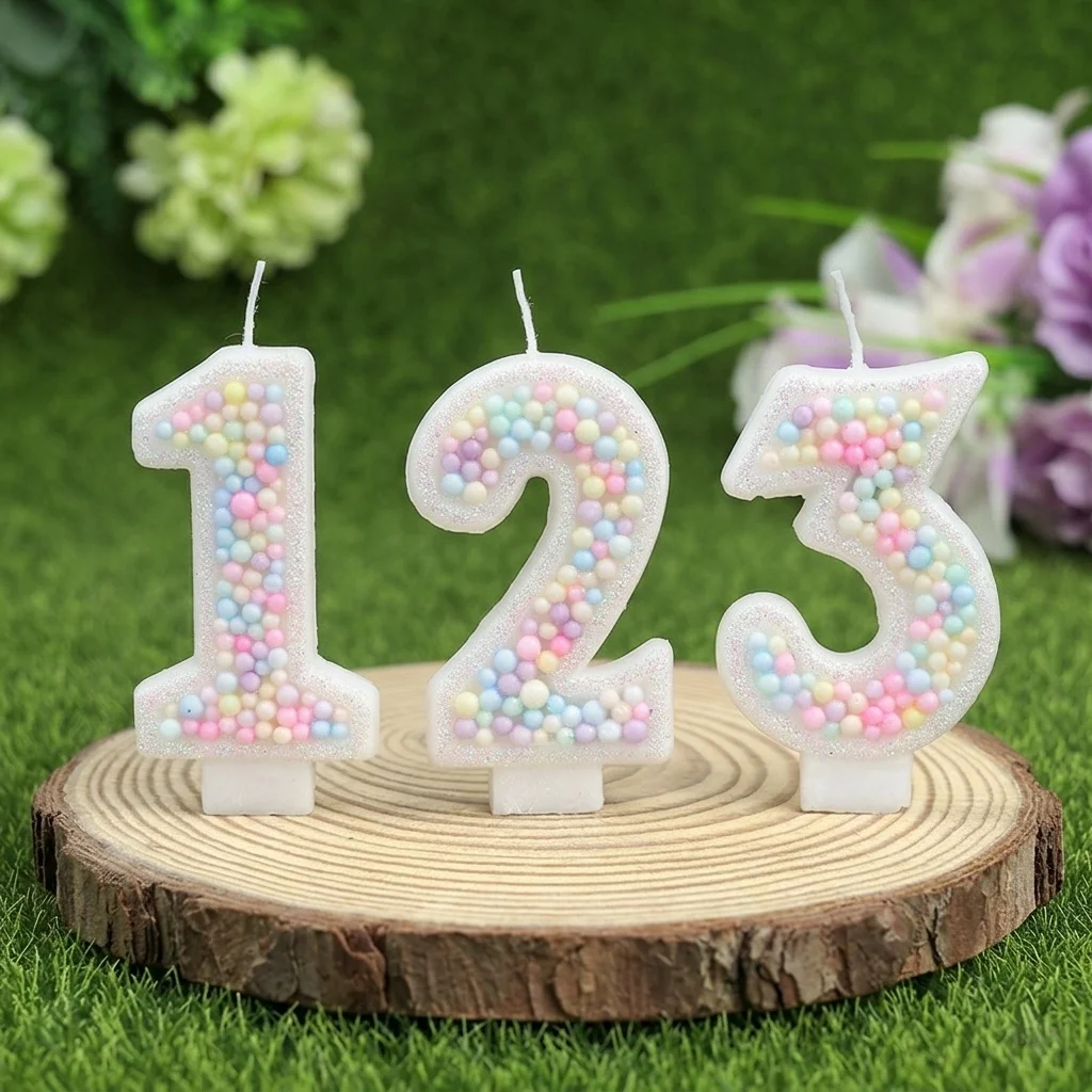 Bougies d'anniversaire numérotées 0-9 couleur macaron avec perles en mousse pastel et paillettes pour fêtes d'enfants et d'adultes