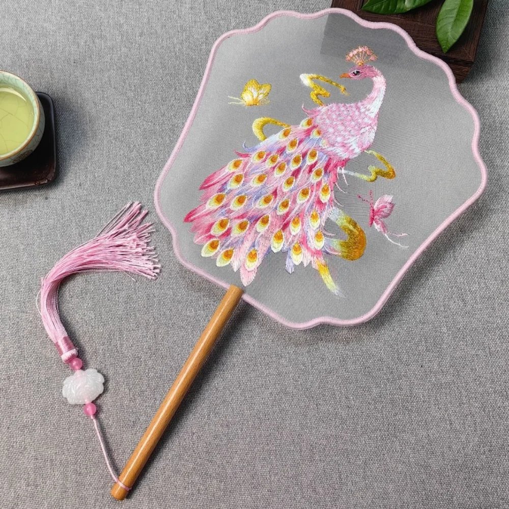 Dance Fan Vintage Hand Fan Phoenix Pattern Jade Vine Flower Chinese Ancient Style Fan Double-sided Embroidery Dance Fan