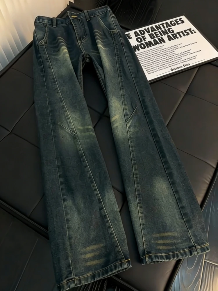 

American Style Knife Jeans Men High Street Handsome Deconstructed Patchwork Straight Leg Slimming Flared Pants