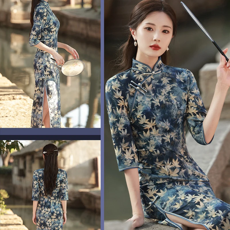 Women's Qipao Elegant Classical Style Long Cheongsam 2023 Autumn New Blue Maple Leaf Printed Traditional Chinese Party Dresses