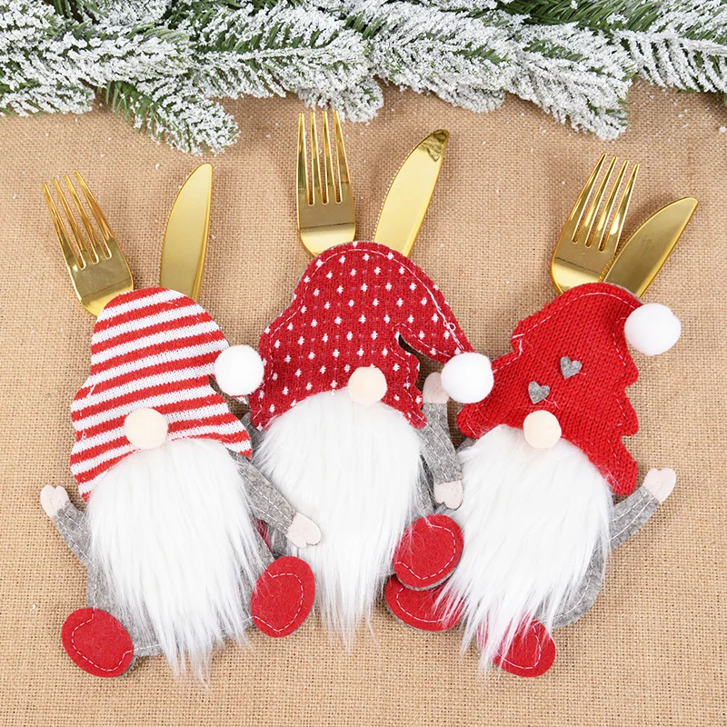 

2Pcs Faceless Doll Cartoon Santa Claus Tableware Holder Bag Non-woven Fork Knife Cutlery Bag Covers Christmas Ornament Navidad