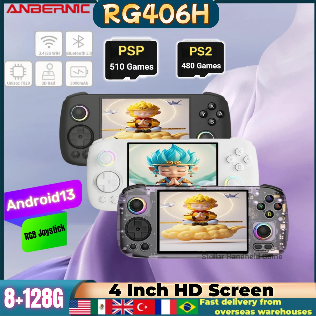 ANBERNIC RG 406H Retro Game Console Android 13 Unisoc T820 64-bit Game Player RG406H 4.0Inch IPS HD Screen 3D Hall joystick PS2