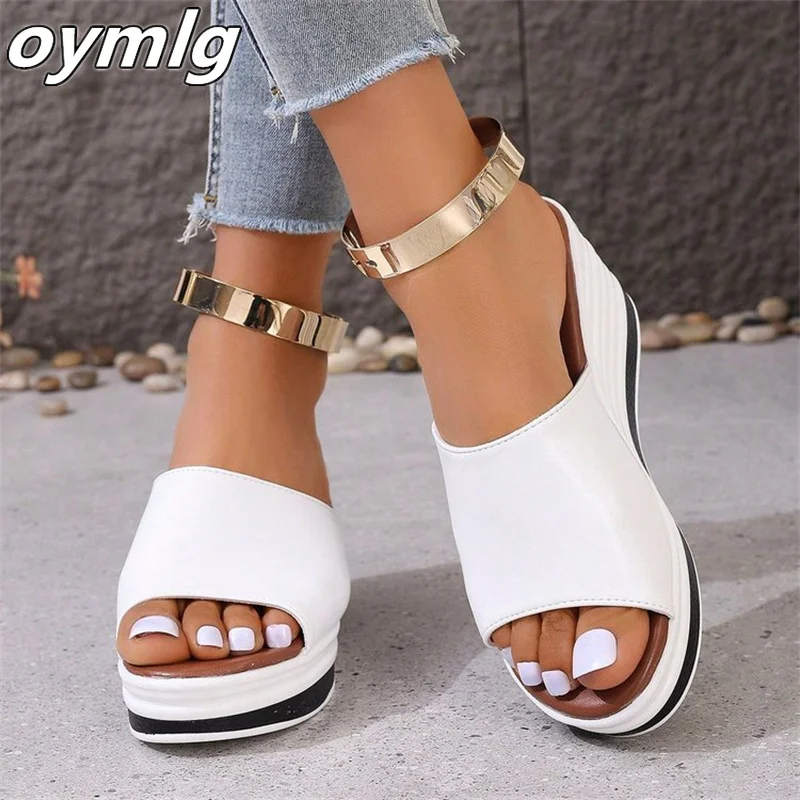 Summer new fashionable fish mouth wedge heel fashion casual plus size women's one line cool slippers for women