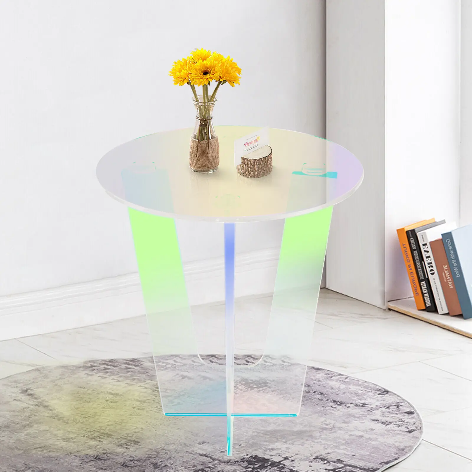 Round Rainbow Side Table Acrylic End Table Iridescent Coffee Table 17.7*20.3in