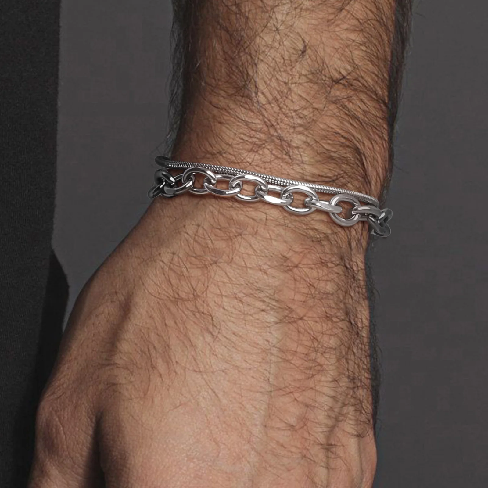 Stylish Double Chain Bracelets for Men Boys,Oval Link Chain Thin Round Snake Chain Wristband,Stainless Steel Jewelry Gift