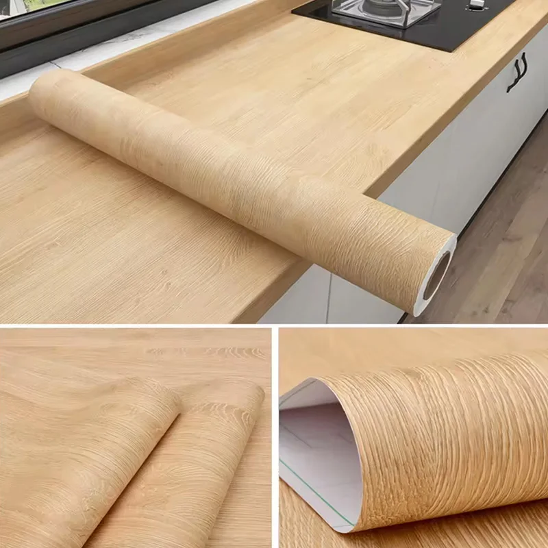 Heat-Resistant Odorless Waterproof Oil-Proof Sticker Features Faux Wood Grain Pattern And Comes With Self-Adhesive Backing.