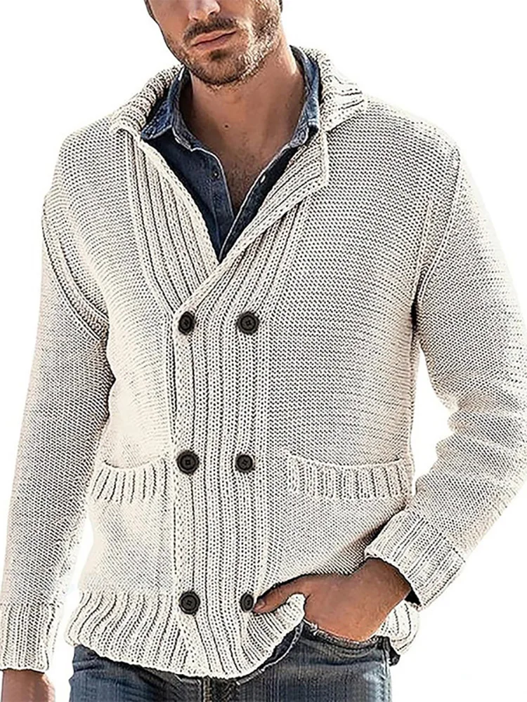 

Turn-Down Collar Solid Fashion Men's Sweatercoats Loungewear Double Breasted Long Sleeve Autumn Winter Male Cardigan Streetwear