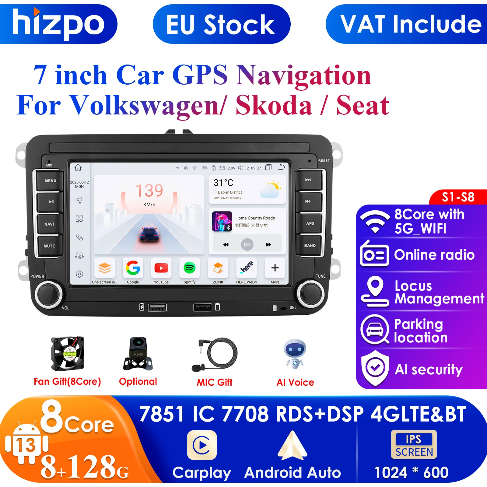 Carplay 7inch 2 Din Android Car Radio GPS for VW Volkswagen Skoda Octavia Golf 5 6 Touran Passat B6 Polo Jetta Sharan Caddy Seat