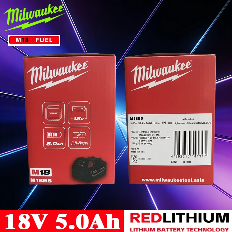 

Milwaukee 18V 5000mAh Li-ion Battery, Rechargeable Power Tool Battery for Milwaukee M18 Series 48-11-1850 with Fuel Gauge