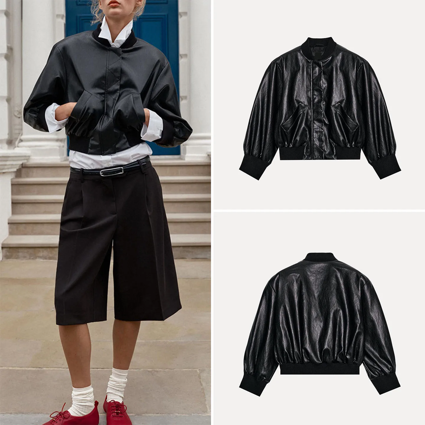 Women's Pilot Jacket Outerwear Shoulder Pads Long Sleeve round Neck Casual Style Standard Version Zipper Closure Short Coat