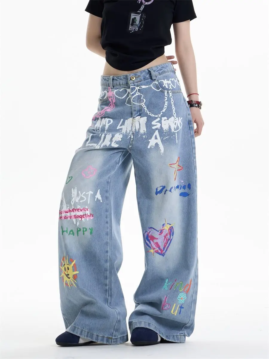 Women Vintage Y2k Baggy Graffiti Print Jeans Streetwear Hip Hop Harajuku Denim Trousers Japanese 2000s Oversize Pants Clothes