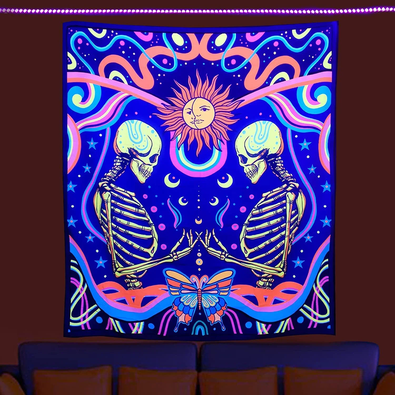 Fluorescent Tapestry UV Luminous Tree of Life Psychedelic Mushroom Skull  Bedroom Bedside Background Cloth