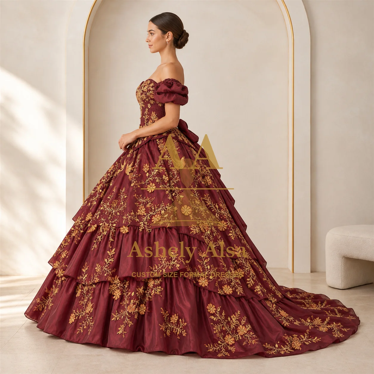 Burgundy Gold Quinceanera Dress Off Shoulder Gold Embroidered Corset Layered Ruffle Skirt Floor Length Formal Party Custom Size