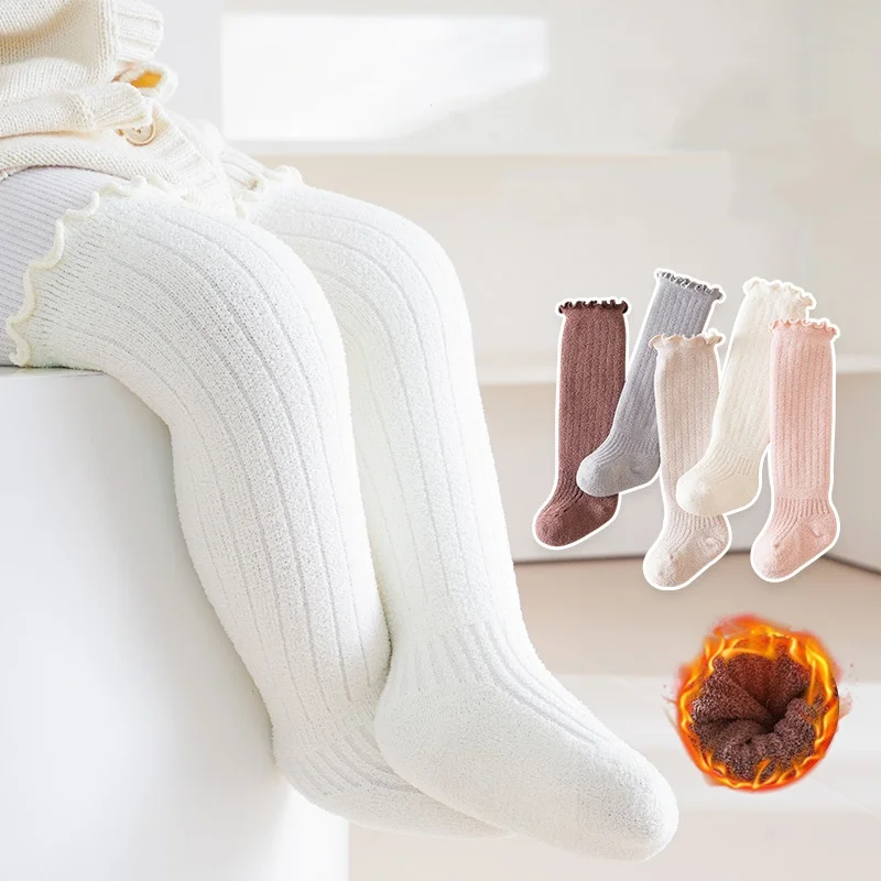 

Ruffle Baby Knee High Socks Winter Velvet Thickened Newborn Long Socks Warm Leg Protectors Loose Stockings For 0-3Yrs Boys Girls