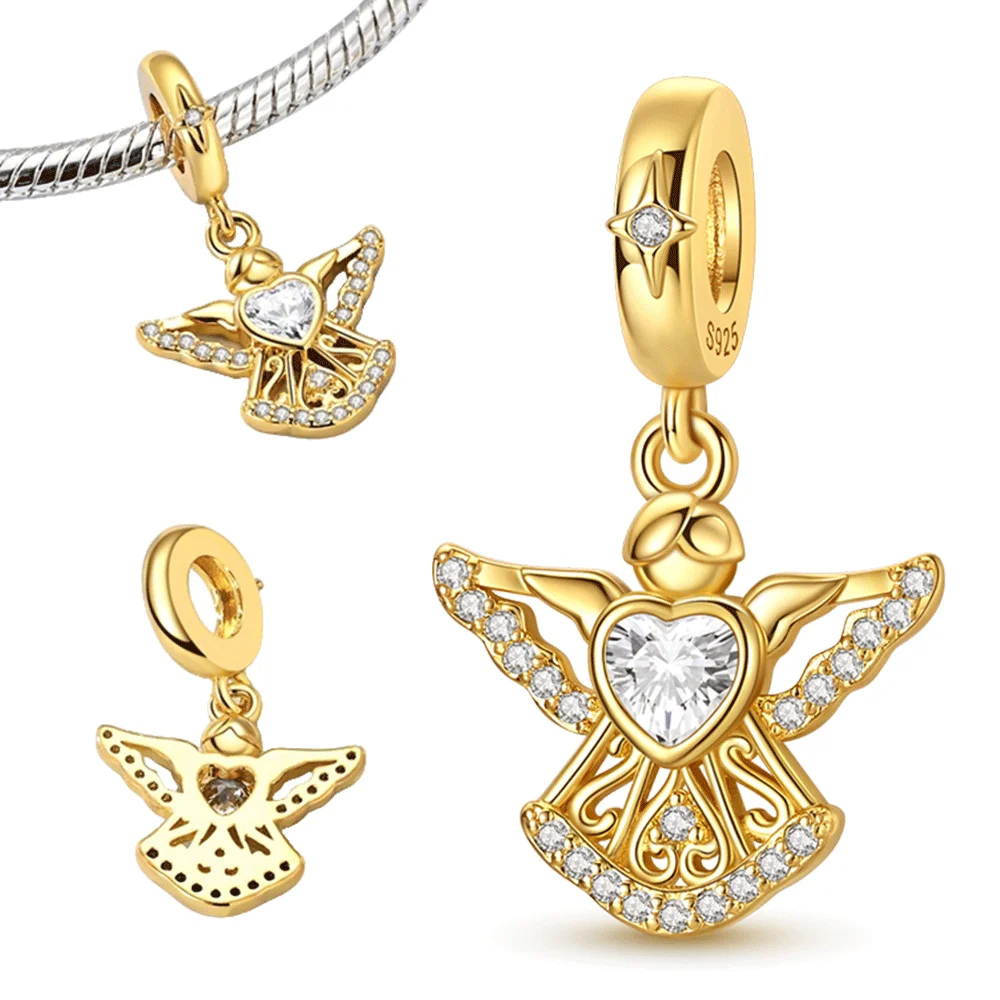 

925 Sterling Silver Charm Golden Good Luck Guardian Angel Pendant for Women Fit Original Bracelet Necklace DIY Accessories