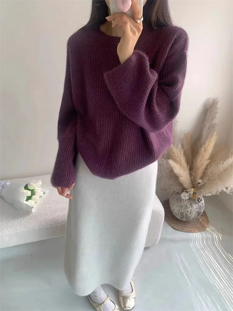 2023 autumn and winter new cashmere sweater women loose vintage pit strip crewneck sweater loose lazy knit bottom shirt