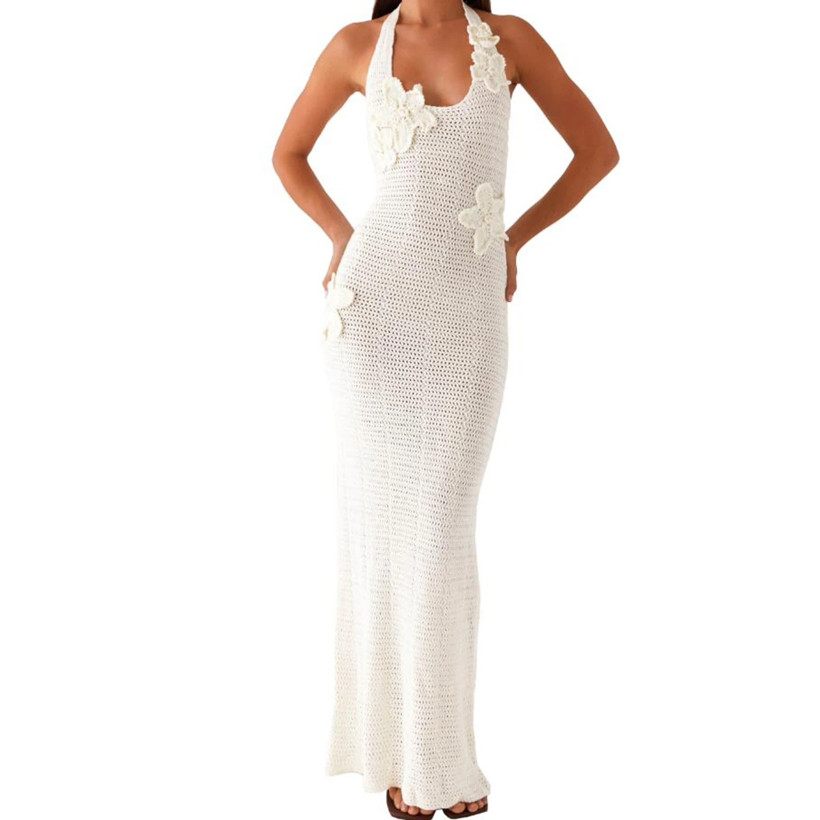 Vrouwen halter hals gebreide jurk mouwloze 3D bloem bodycon lange jurk voor strandvakantie zomerfeest dagelijks gebruik streetwear