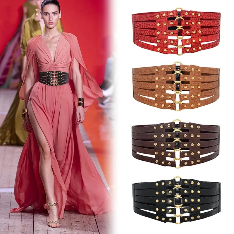 Women Elastic Waistband Hollow Punk Personality Rivets Waistband Extra Wide Ladies Belt Decorative Dress Elastic Waistband 2024