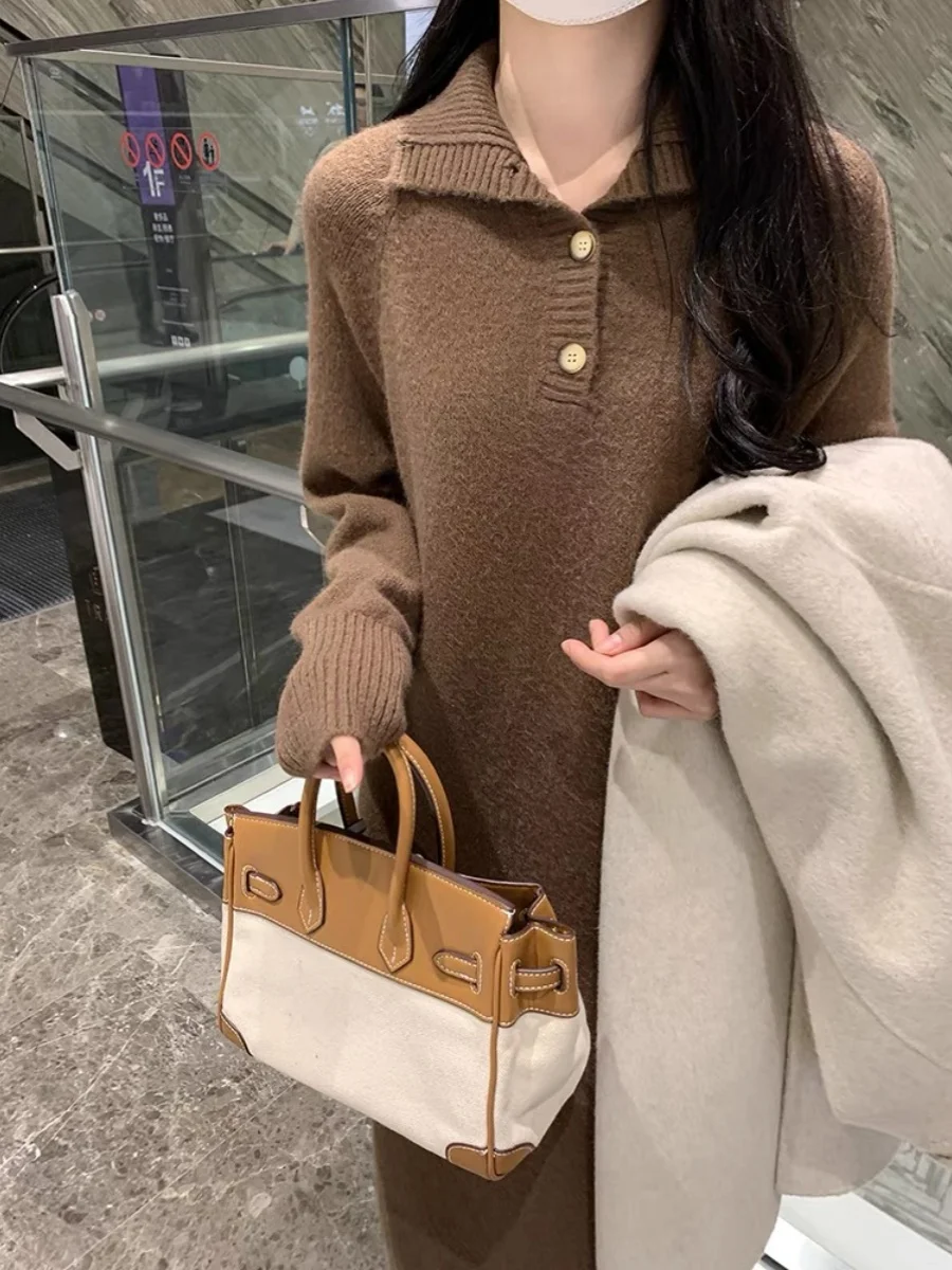 

Women's Knitted Long Over-the-Knee Dress Autumn Winter Loose Padded Cashmere Sweater Skirt for Comfortable Warm Style