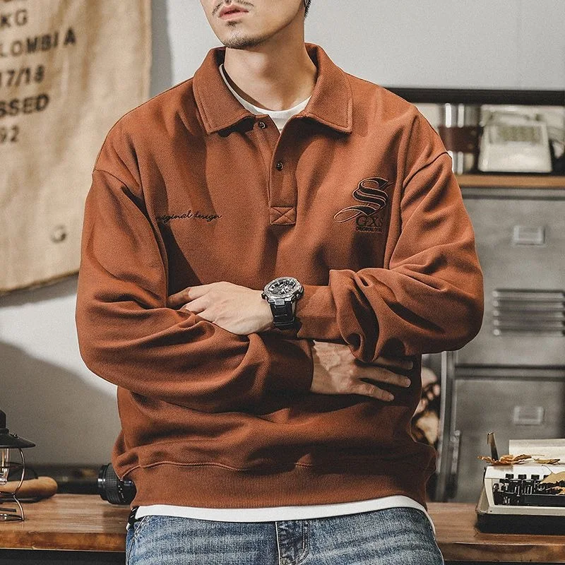 

Spring and Autumn Casual Sweatshirt Men's New Solid Color Polo Collar Retro Sports Top