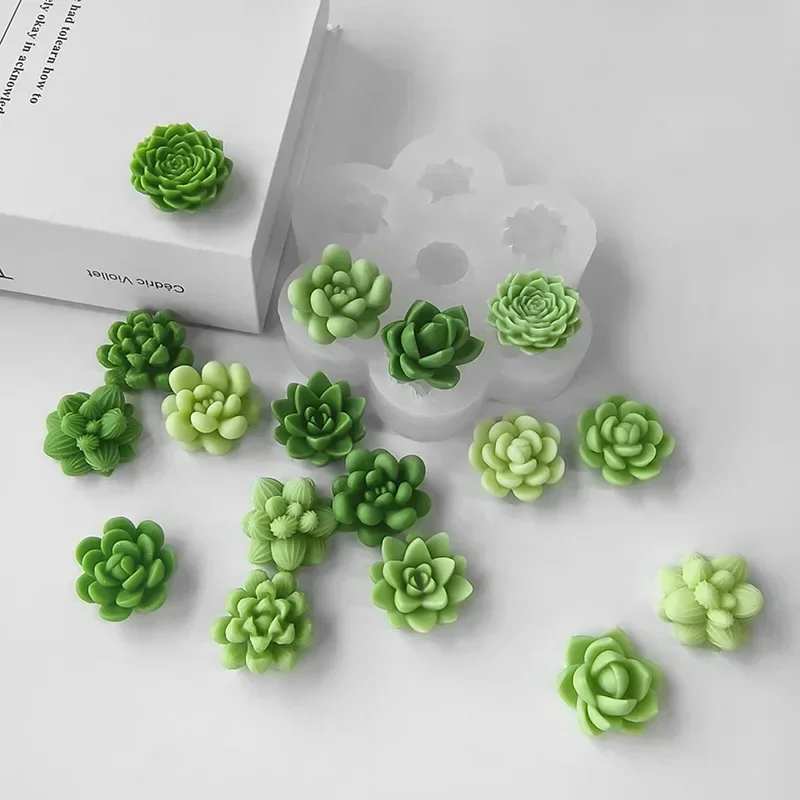 7pcs Succulent Flowers Candle Mold 3D Cactus Lotus Rose Soap Plaster Crafts Mold DIY Chocolate Fudge Pastry Cake Silicone Molds