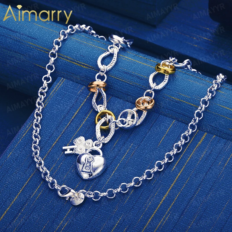 925 Sterling Silver Vintage Heart Lock Key Collarbone Necklace 20 Inches Women's Party Engagement Wedding Fashion Jewelry