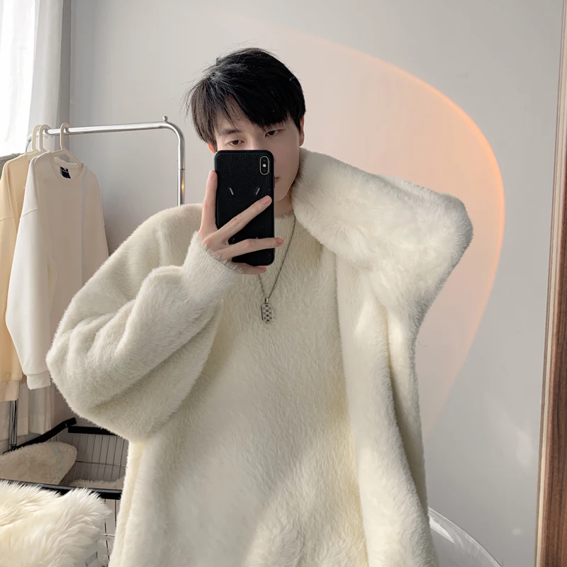 

Men's Thiened Heavyweight round Ne Knitted Sweater Pure Color Mink Velvet Lazy Sle Couple's Winter Faion Top