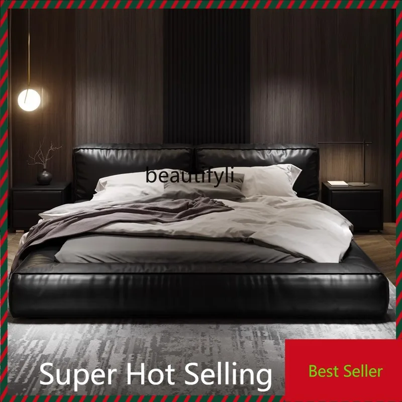 A71 Italian Minimalist Light Luxury Leather Big Bed Master Bedroom Modern Minimalist Double First Layer Cowhide Large Apartment
