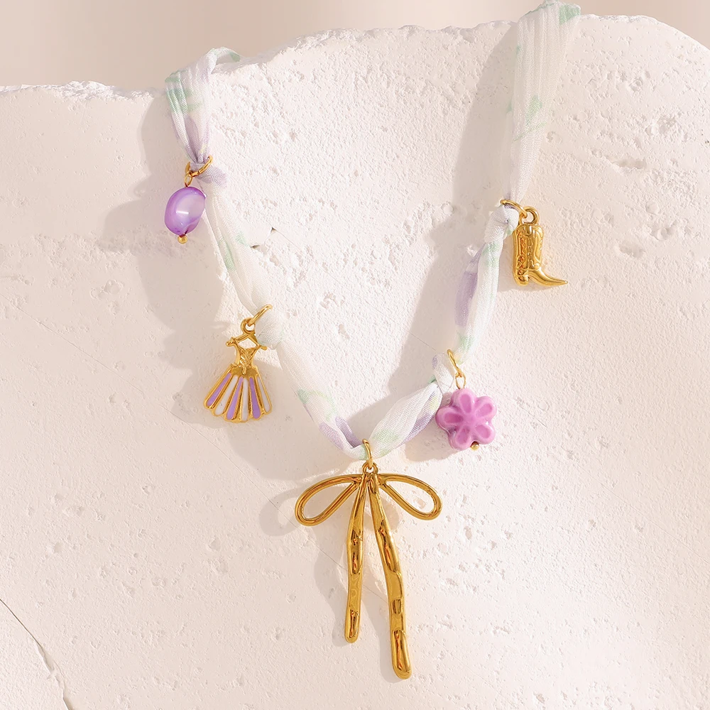 תליון קשת פרח סרט יצירתי חדש של E.B.Belle, מצופה זהב 18K מפלדת אל-חלד לנשים, תכשיטי צוואר לחופשת הקיץ