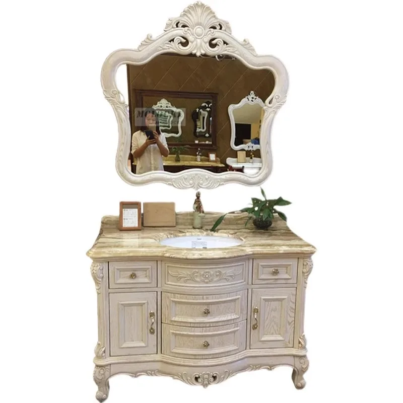 Red Oak Bathroom Cabinet Solid Wood Antique Bathroom Cabinet Marble Floor Washbasin Cabinet