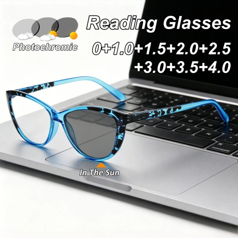 

Photochromic Presbyopia Glasses for Women Blue Light Blocking Fashionable Cat-Eye Frames High-Definition Reading Glasses