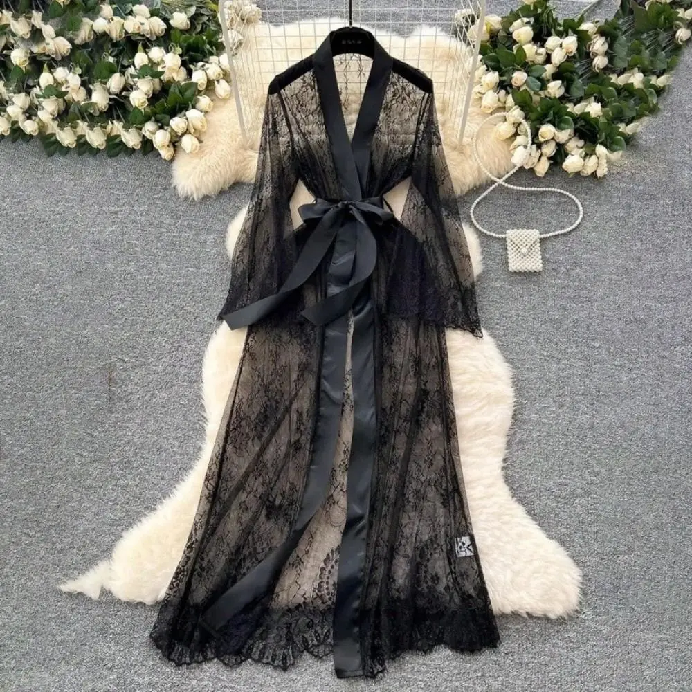 Elegant Long Sleeve Long Lace Robes Hollow Out Ultra-thin Sheer Robes Dress Nightdress Transparent Lady Pajamas Bedroom Wear
