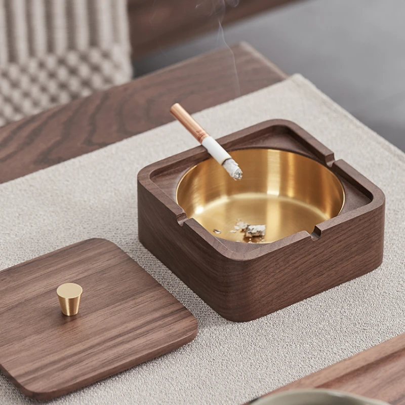 Solid Wood Ashtray Household Cover Smoke-Proof Fly Ash Light Luxury Stainless Steel Ashtray