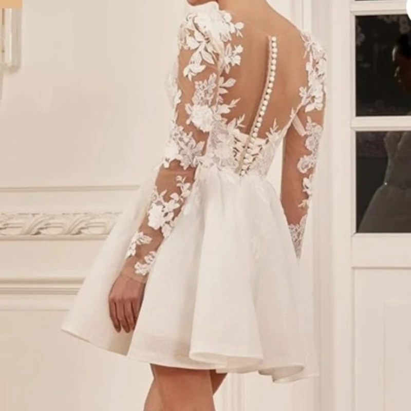 فستان زفاف قصير مخصص كم طويل مغرفة الرقبة زين بريق تول ألف خط ثوب الزفاف الصغير ل رداء العروس #3